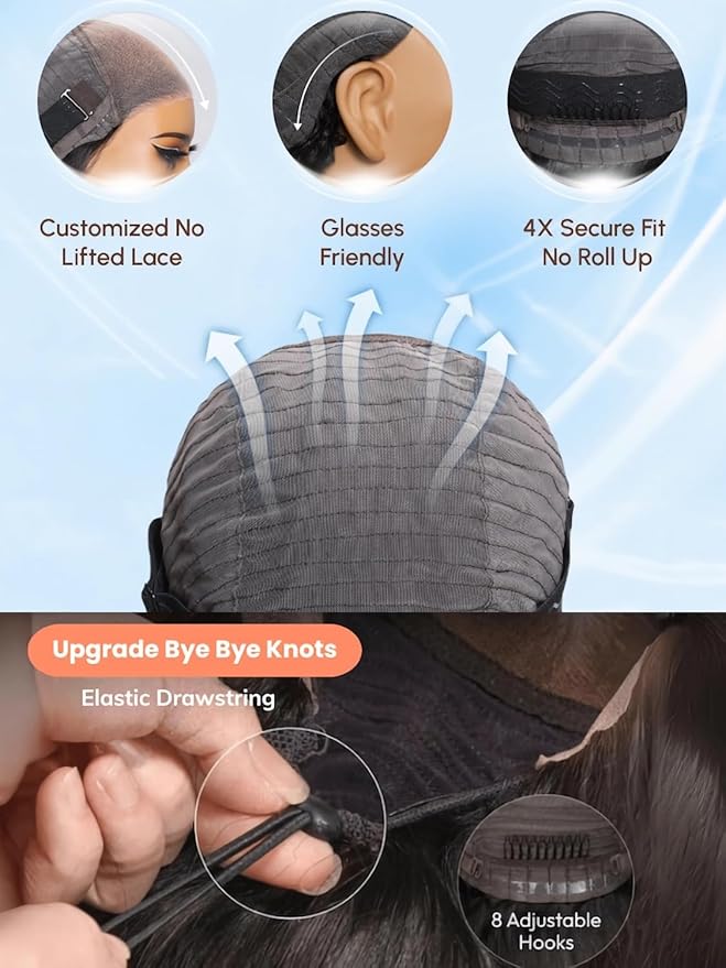 Julia Hair Yaki Straight Pre Cut HD Lace Closure Wigs Human Hair with Elastic Drawstring Glueless Wig Human Hair 7x5 Lace Front Bye Bye Knots Wig Pre Plucked Bleached Knots Natural Hairline 26 Inch