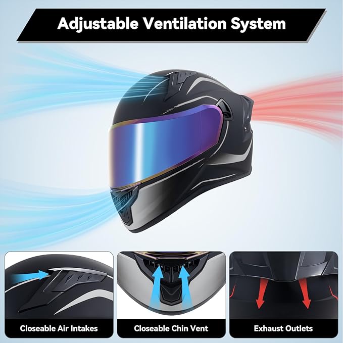 Full Face Motorcycle Helmets for Adult Men Women, DOT Approved Street Bike Racing Helmet Dual Visor Quick Release Buckle, Motorbike ADV Moped Helmet with Extra Clear Visor