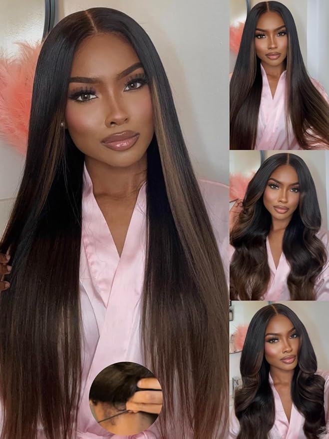 Julia Hair Chestnut Brown Ombre Yaki Straight 7x5 Pre Cut HD Lace Put On and Go Wig Bye Bye Knots Glueless Human Hair Wigs with Invisi Drawstring Pre Plucked Bleached Knots Beginner Friendly 16 Inch