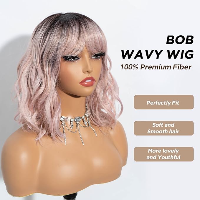 NOBLE Pink Wig with Bangs Short Ombre Pink Bob Wigs for Women Colorful Short Wavy Wigs Heat Resistant Synthetic Bob Wigs with Dark Roots for Daily Party Use