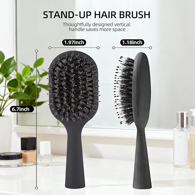 Boar Bristles Hair Brush for Women and Men, Detangling Hair Brush for Smoothing Massage Add Shine, Nylon&Boar Bristles Detangler brush for Hair Healthy (Medium-Black)