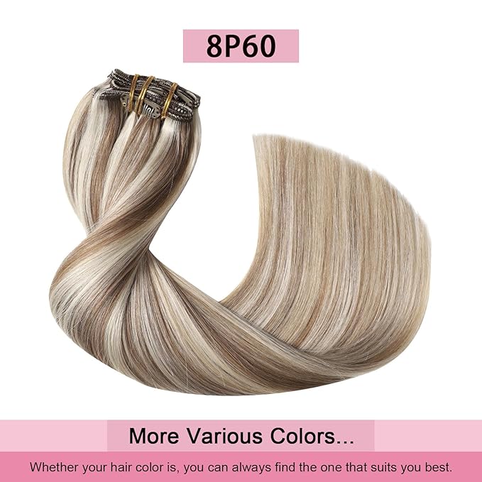 Pro2.0 Clip in Hair Extensions Real Human Hair 20inch 7pcs Color #8p60 Brown Highlights Platinum Blonde Remy Real Human Hair Extensions Clip ins 120g Thick Double Weft（#8p60-20inch）