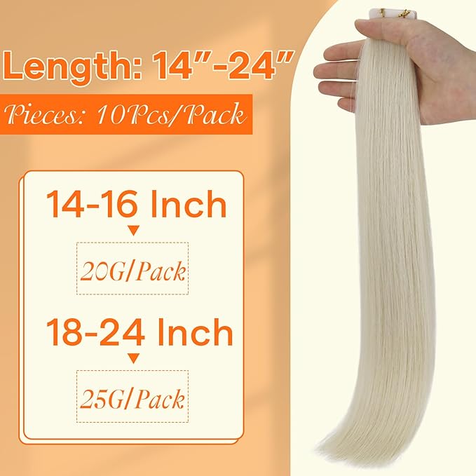 Full Shine Injected Tape in Hair Extensions Color 1000 Blonde Machine Virgin Human Hair Tape in Extensions 20Grams Seamless Skin Weft Hair Extensions 14Inch 10Pcs Extensions Tape ins