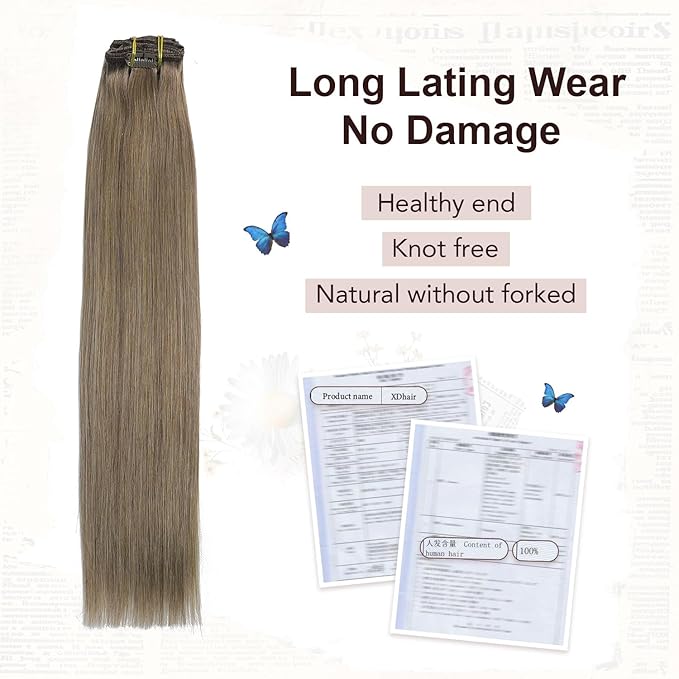 XDhair Clip in Hair Extensions Human Hair,120g 20 Inch Ash Brown Clip in Human Hair Extensions for Women 6 Pieces (#8,20Inch)