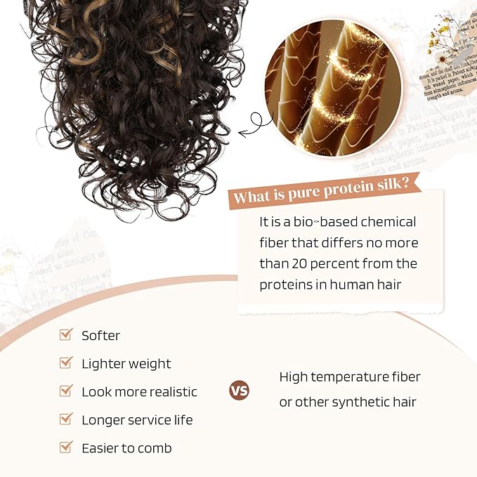 Flufymooz 100％ Pure Protein Ponytail Extension, 18 Inch Curly Claw Clip Ponytail Hair Extensions Natural Soft pony tail hairpiece for women-Brown with Deep Blonde Highlight