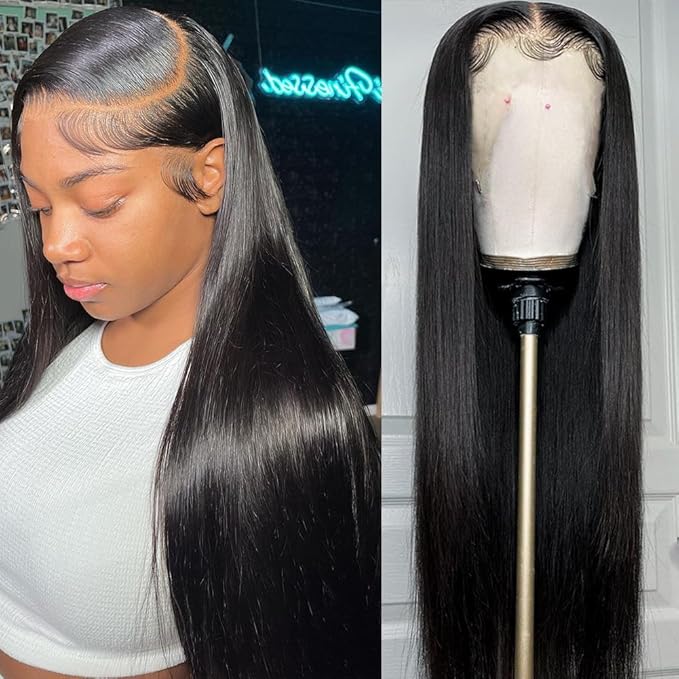 Iris Queen 12A 220 Density 13x4 HD Lace Front Wigs Human Hair Pre Plucked Straight Virgin Human Hair Transparent Lace Frontal Wig for Black Women Natural Black Color(24 inch)