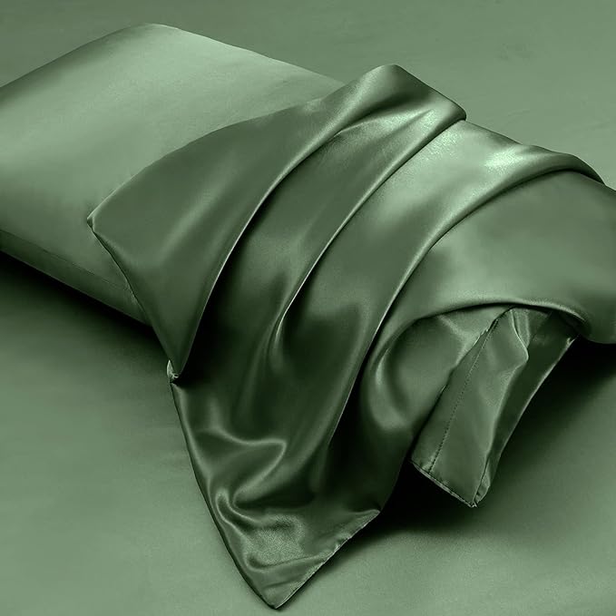 Aormenzy Satin Pillow Cases for Women Queen Size Set of 2, Woodland Green Satin Pillowcase for Hair with Envelope Closure Silky Pillow Covers Wrinkle, Fade Resistant (20x30 Inches)