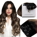 RUNATURE Balayage Clip in Hair Extensions Real Human Hair, Remy Hair Extensions Clip Ins, Short Human Hair Clip in Extensions, 12 Inch 70g 7pcs #1B/6/27 Black Rooted to Brown Highlight Honey Blonde