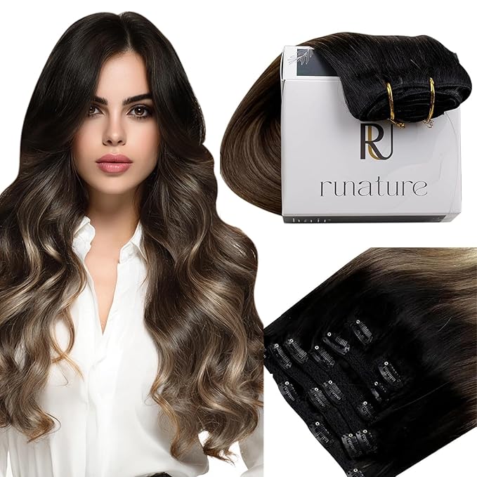 RUNATURE Clip in Hair Extensions Real Human Hair, Balayage Black to Blonde Clip in Extensions, Real Human Hair Clip in Extensions, Easy to Install, Soft Remy Natural Hair, 20 Inch 120g 7pcs