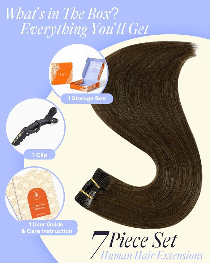 Full Shine 24 Inch Clip in Hair Extensions Human Hair Golden Brown Remy Hair Extensions Brunette Human Hair Clip in Extensions for Women Extra Volume 7 pcs
