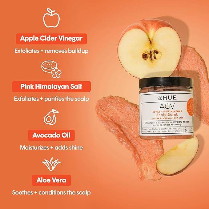 dpHUE Apple Cider Vinegar Scalp Scrub with Pink Himalayan Sea Salt, 9 oz - Natural Exfoliating Scrub & Dry Scalp Treatment - Aloe Vera & Avocado Oil - Gluten Free, Vegan