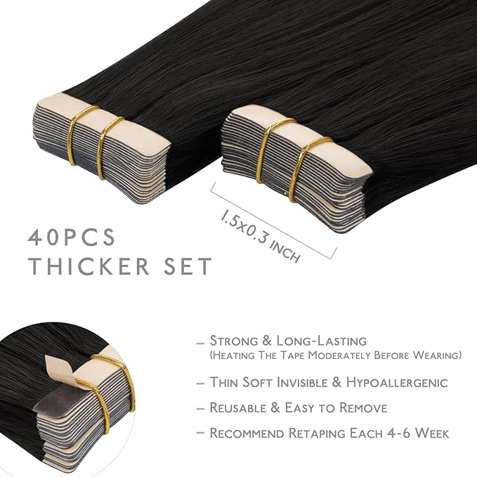 WENNALIFE Tape in Hair Extensions, 16 Inch Natural Black Human Hair, 40pcs 100g Straight Invisible Reusable Real Extensions
