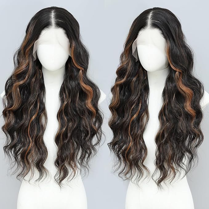 Synthetic Lace Front Wigs Pre Plucked Brown Skunk Stripe Wig 100% Futura Premium 13x4 HD Lace Wigs For Black Women 26 Inch Long Wavy Ready to Wear Beginner Friendly Daily Party Use