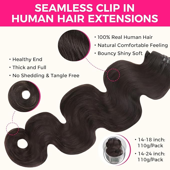 Lashey Seamless Clip in Hair Extensions Human Hair #2 Dark Brown Body Wave Clip in Extensions Real Human Hair 7pcs 110g 16 Inch PU Weft Natural Hair Extensions for Women