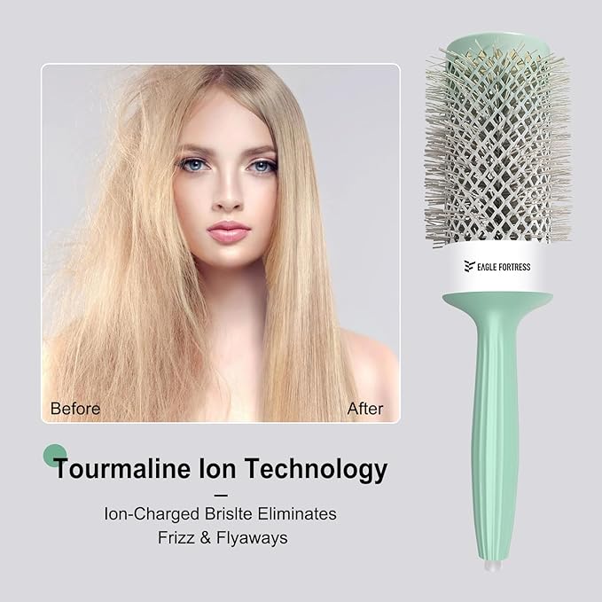 Eagle Fortress Round Brush for Blow Out, Thermal Ceramic Hair Brush for Blow Drying with Ionic Bristle for Professional Blowout Brushing - Green, 53mm