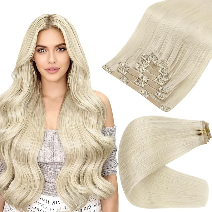 Full Shine Human Hair Clip in Extensions Blonde Seamless Hair Extensions Clip in Invisible Blonde Extensions Clip in PU Weft for Women Full Head 14 Inch 8 Pcs 120 G