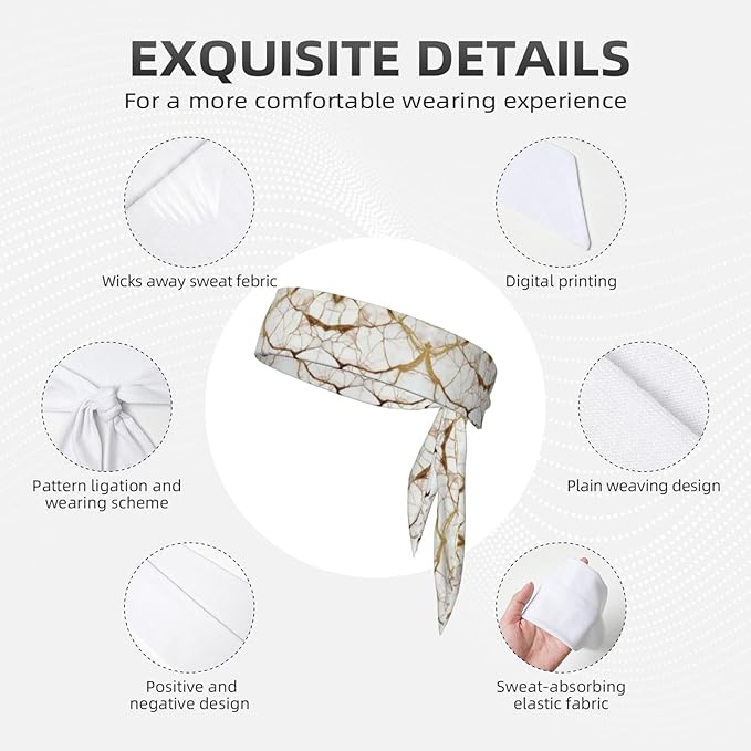 Men's Women Fashion Sports Sweatband Hand Decor for Running Fitness Spa, Long Multifunction Gold Marble Texture White Head Ribbon Headwear
