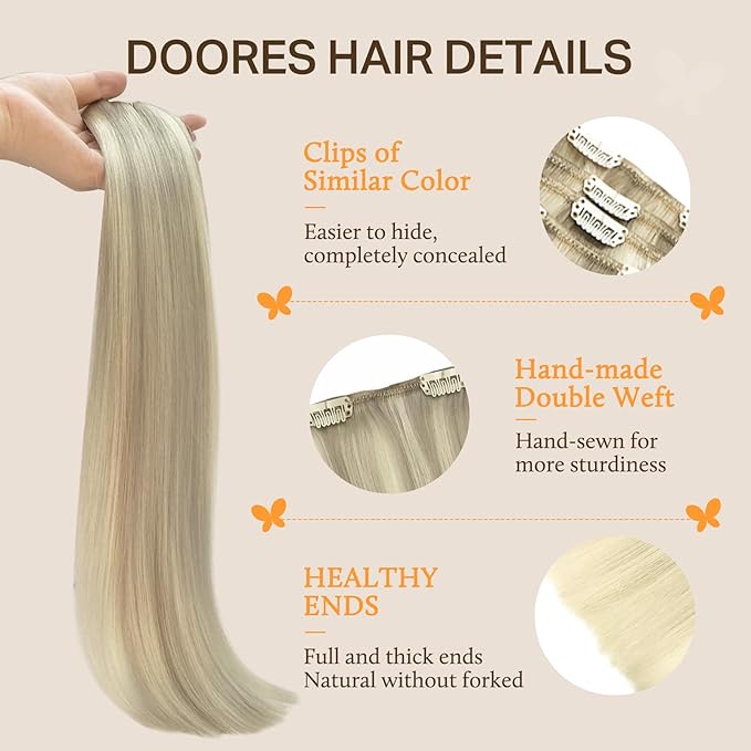 DOORES Hair Extensions Clip in Human Hair, Ash Blonde Highlighted Platinum Blonde 80g 7pcs 12 Inch, Clip in Hair Extensions Real Human Hair Straight Remy Hair Extensions Natural Hair Extensions
