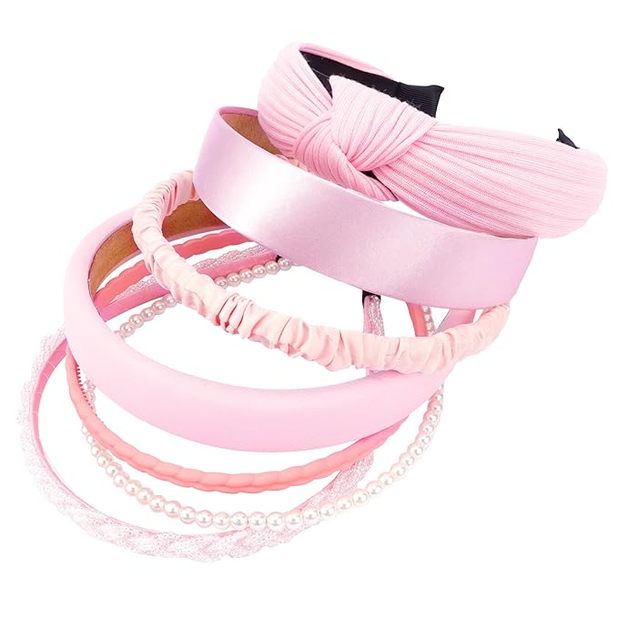 VELSCRUN Headbands for Women 7 Pcs Different Pink Fashion Knotted Solid Head Bands Pearl Headband Non Slip Hair Band for Womens Gilrs Thin Thick Short Hair Face Wash Hair Accessories