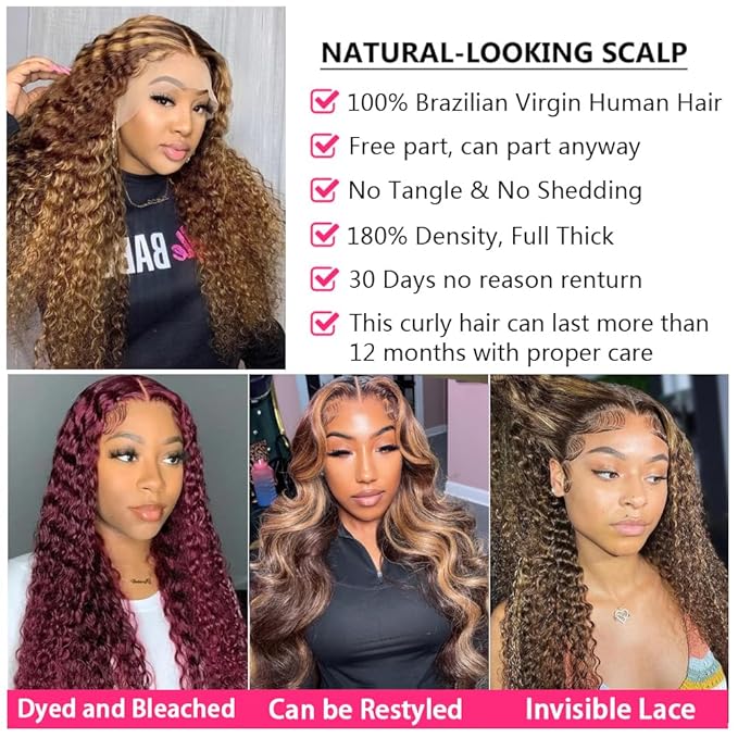 bangjazz 28 Inch Deep Wave Lace Front Wigs Human Hair 180% Density Highlight Ombre 13x4 Lace Frontal Wigs Human Hair HD Lace P4/27 Wigs for Black Women Human Hair Pre Plucked Curly Lace Front Wig