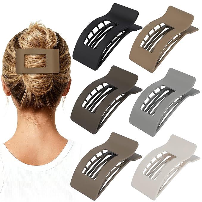 French Flat Hair Clips for Women 6pcs Hair Claw Clips for Thick or Thin Hair Matte Claw Clips for Girls Barrettes Non-Slip Strong Hold Hair Accessories for Women (Brown Grey)