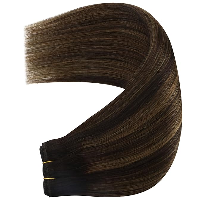 YoungSee Sew in Hair Extensions Real Human Hair Brown Balayage Weft Extensions Darkest Mixed Medium Brown Human Hair Sew in Extensions for Natural Look 16Inch 100G