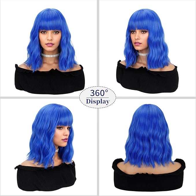 FAELBATY Bright Blue Short Wavy Wig Short Dark Blue Wigs With Air Bangs Shoulder Length Wig For Women Curly Wavy Synthetic Wig Halloween Cosplay Wig for Girls Costume Wigs (12" Bright Blue)