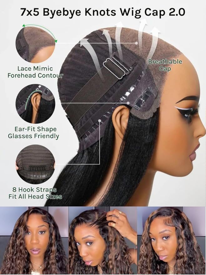 KLAIYI Golden Brown Water Wave Bye Bye Knots Glueless Wig Human Hair Highlight 7x5 Precut Lace Front Pre Plucked Bleached Ombre 3S Ready to Wear Go Beginners Wig with Dark Roots Deep Curly Wave 26Inch