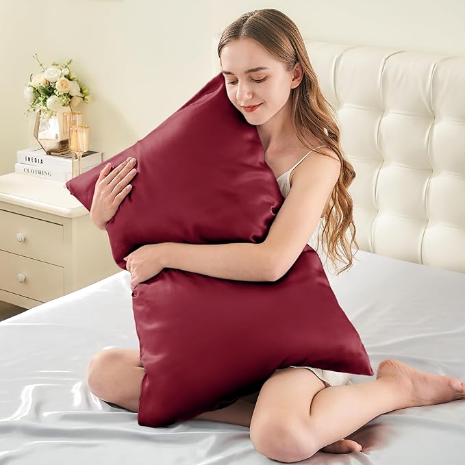 INFIIXSO Silk Pillow Cases 2 Pack Standard Size, Ultra Smooth & Soft Mulberry Silk Pillow Case for Hair and Skin, Breathable Cooling Silk Pillowcase with Hidden Zipper (Burgundy, 20x26 Inches)
