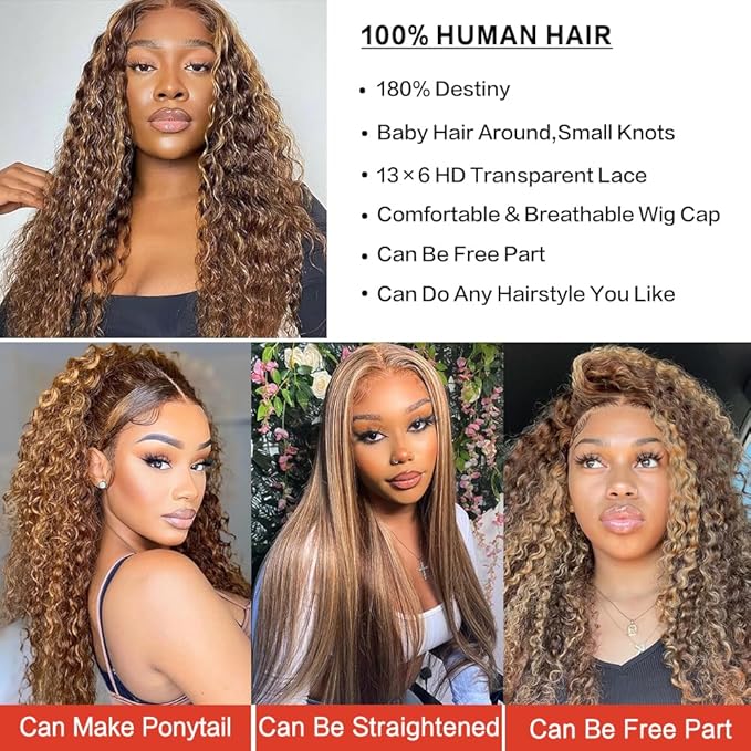 Highlight Ombre 13x6 Lace Front Wig Human Hair Deep Wave Honey Blonde Glueless HD Transparent Lace Frontal Wigs for Women 180 Density Human Hair (highlight ombre deep wave, 28 inch)