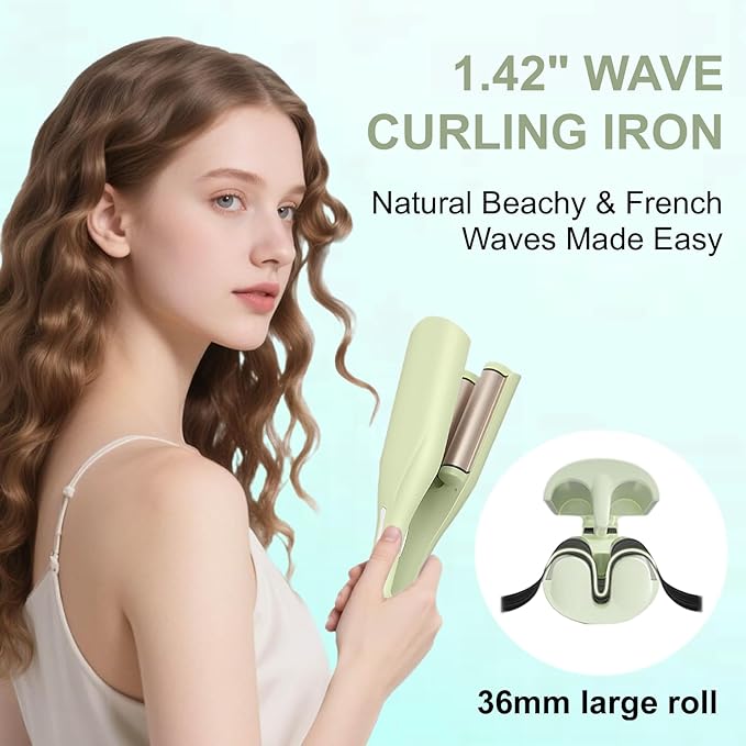 Crimper Hair Tool, Hair Crimper for Women, Beach Waves Curling Wand with Negative Ions, Adjustable Temp, Anti-Scald Design, Auto Shut-Off, Dual Voltage, 1.42 Inch (Green)