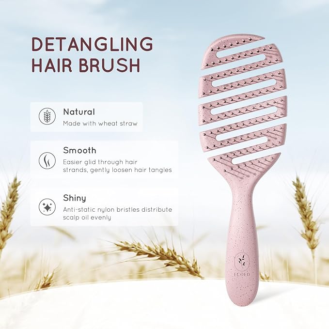 Detangler Hairbrush, Vented Detangling Brush for Straight, Wavy, Curly and Fine Hair, Quick Smoothing for Women and Men, Eco-Friendly & Sustainable Material (Pink)
