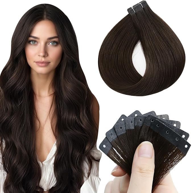 Full Shine Brown Tape in Hair Extensions Human Hair Color Dark Brown Seamless Glueless Remy Human Hair Extensions with Holes Skin Weft 20Inch 20PCS 50G Soft Remy Hair Extensions Tape ins