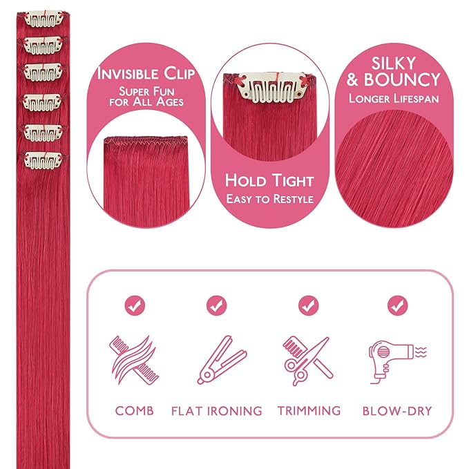 WENNALIFE Red Clip in Hair Extensions Real Human Hair 35g 6pcs 18 Inch Colored Hair Extensions for Kids Women Colorful Hair Pieces Pop-up Style Straight Extensiones De Cabello Humano Con Clip