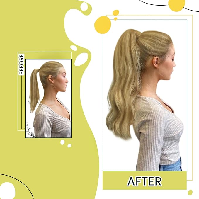 RUNATURE Real Human Hair Ponytail Blonde, 20 Inch Ponytail Extension Human Hair, Long Hair Ponytail Extension, Pony Tail Wrap Around, Remy Natural Hair Add Length, 80g #16P24 Golden Blonde Highlight