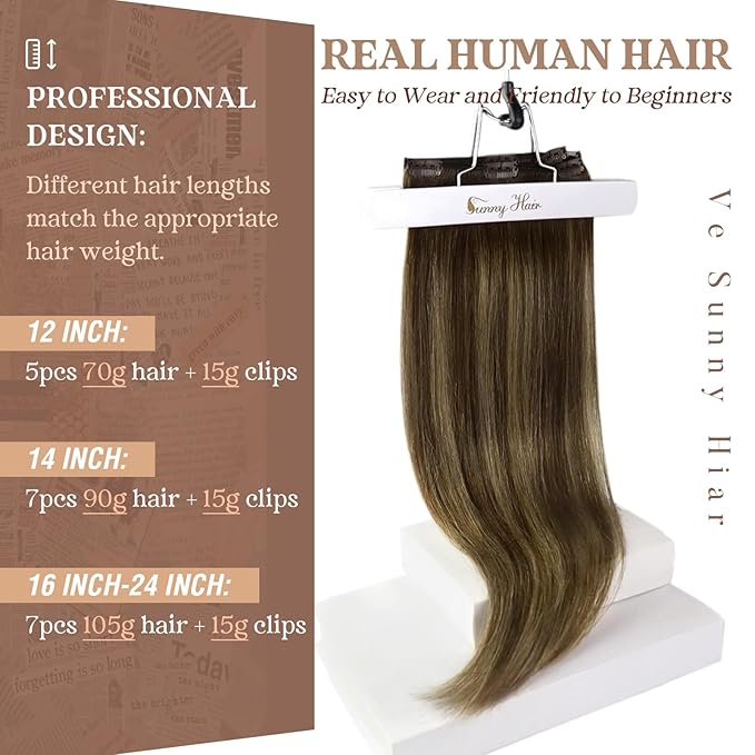Ve Sunny Clip in Human Hair Extensions Dark Brown Balayage Caramel Blonde Human Hair Clip in Extensions 14inch Short Hair Extensions Real Human Hair Clip ins 100g 7Pcs