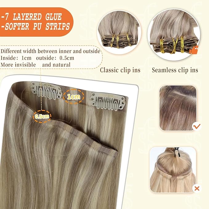 Full Shine Clip in Hair Extensions 18 inch 140g 8Pcs Golden Blonde Mix Light Blonde Natural Seamless Hair Extension for Women Add Volume