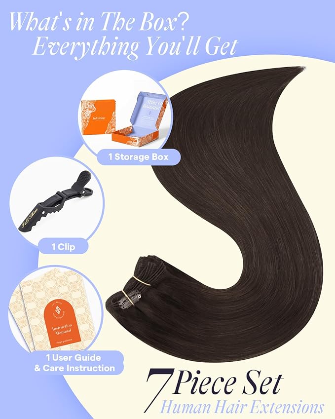Full Shine Dark Brown Hair Extensions Clip ins Real Hair Clip in Extensions Invisible Clip in Hair Extensions for Women Brown Thick Human Hair Extra Volume 18 Inch 7 Pcs 135 G