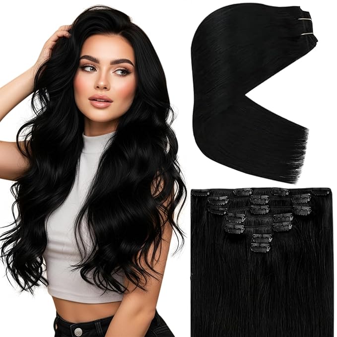 Ve Sunny Clip in Hair Extensions Real Human Hair Jet Black Hair Extensions Double Weft 9A Virgin Remy Human Hair Extensions Clip in Natural Brazilian Hair 18inch 7pcs 120g