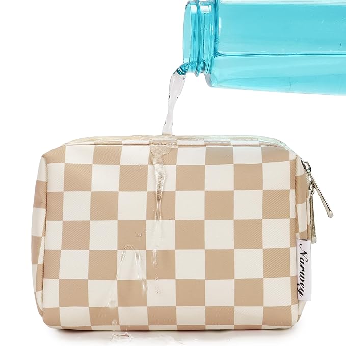Narwey Small Checkered Makeup Bag for Purse Mini Cosmetic Bag Travel Makeup Pouch Zipper Pouch Cute Make up Bags with Compartments for Women Girls (Light Checkerboard, Small)