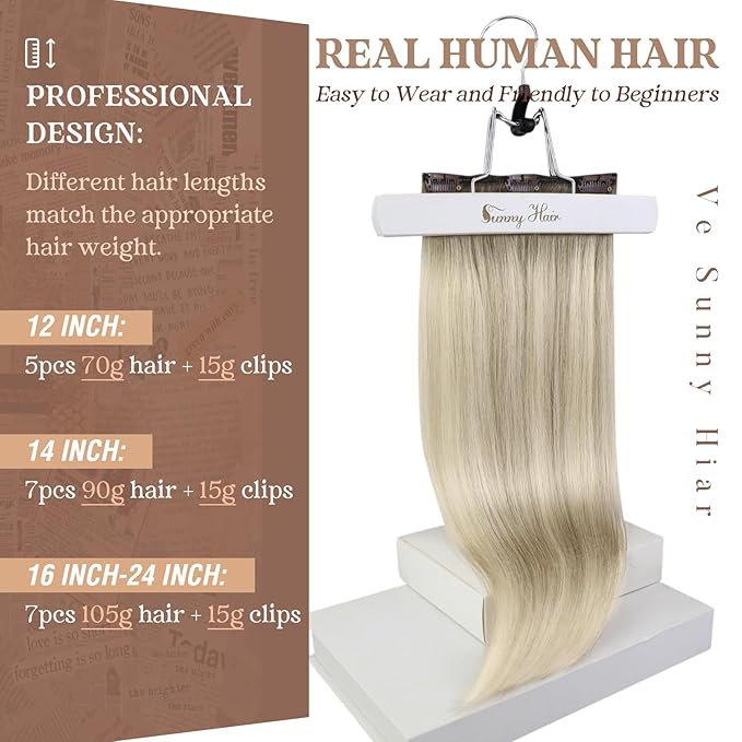 Ve Sunny 24 inch Clip in Hair Extensions Ash Grey Balayage Platinum Blonde Human Hair Clip in Extensions Straight Ombre Full Head Hair Remy Human Hair 7pcs 120g