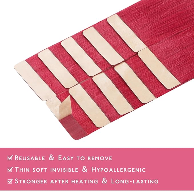 WENNALIFE Tape in Hair Extensions Human Hair Red Tape in Extensions, 10pcs 30g 24 inch Remy Invisible Tape Ins Straight Colored Soft Real Human Hair Tape in Extensions Refill Set Extensions