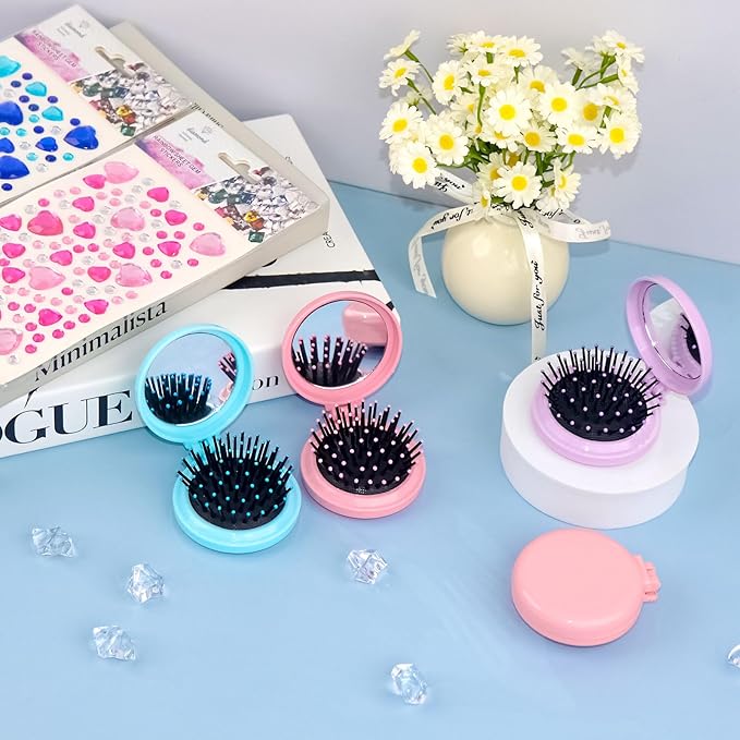 4 Colors Folding Mirror Hairbrush, 2 in 1 Compact Pocket Mirror Comb with DIY Stickers, Round Mini Pocket Makeup Mirror for Travel Women Girls (48 Pcs)