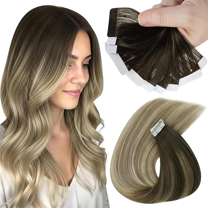 Sunny Tape in Hair Extensions Human Hair Dark Brown Balayage Blonde Hair Extensions Real Human Hair Tape ins 22 Inch Tape in Extensions 20Pcs 50g