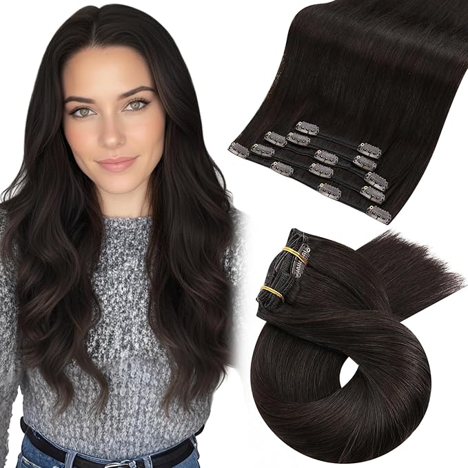 Moresoo Remy Human Hair Extensions Clip ins Brown Double Weft Clip in Extensions Real Human Hair Invisible Dark Brown 5Pcs 80G 20inch