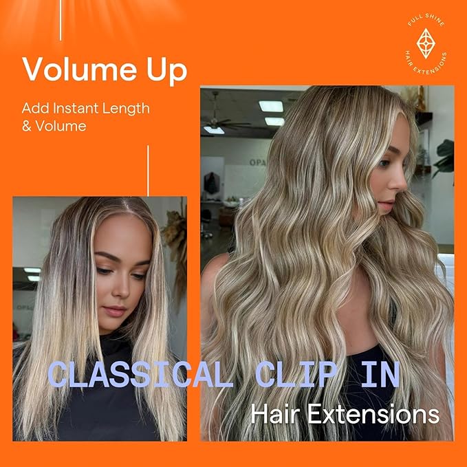 Full Shine 22 Inch Hair Extensions Cool Blonde Remy Clip in Human Hair Extensions Cool Taupe Balayage Blonde Real Hair Clip in Extensions Human Hair 7 Pcs 120 G
