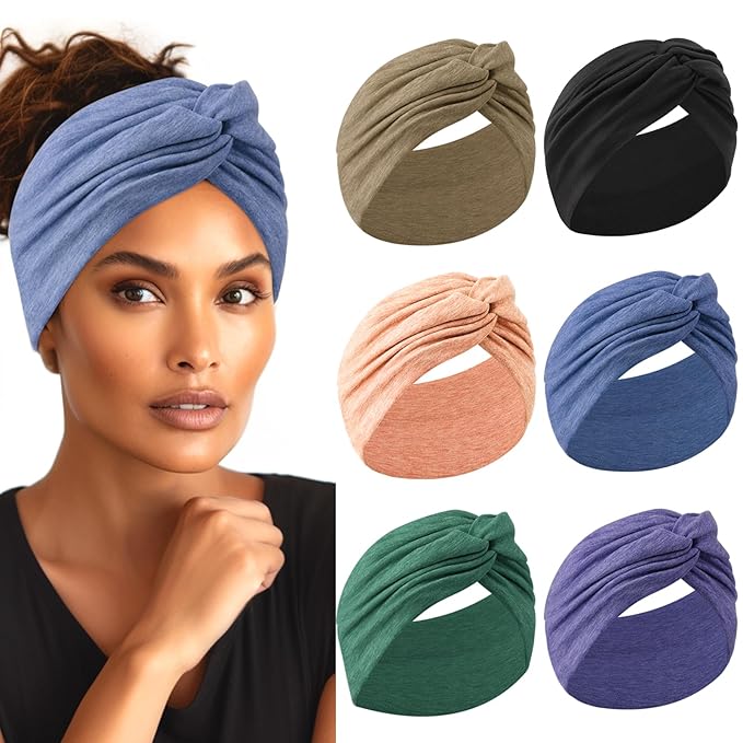 Extra Wide Headbands for Women, 7'' Large Cotton Like Turban Knotted Bandana Head Bands for Women Non Slip, Boho Headbands for Women's Hair (C1-6Pcs, Extra Large 7" Wide)