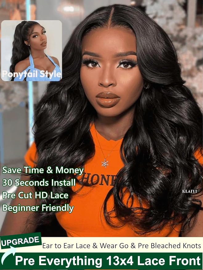 KLAIYI Wear And Go Glueless Wig Bye Bye Knots 13x4Precut Lace Front Wigs Human Hair Loose Body Wave Wig Pre Bleached Pre Everything Pre Plucked with Baby Hair 3S Ready to Wear Beginner Friendly 24Inch