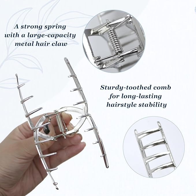 4 Pcs Large Metal Hair Claw Clips for Women, Non-slip Claw Clips with Strong Hold Jaw, Fashion Accessories for Thin Thick Long Curly Hair (Silver2)