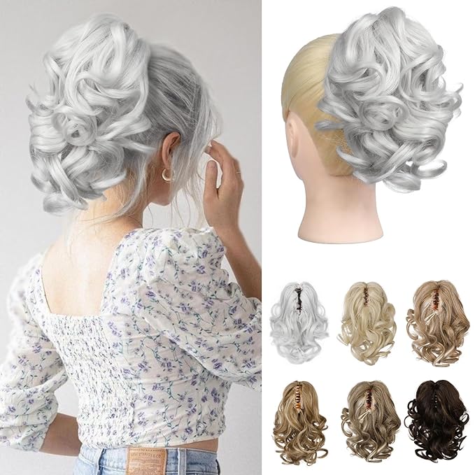 REECHO 9" Short Ponytail Extension, Classic Loose Curly Wavy Claw Clip Pony tails Hair Extensions HP001 Hairpieces for Women (Silver)